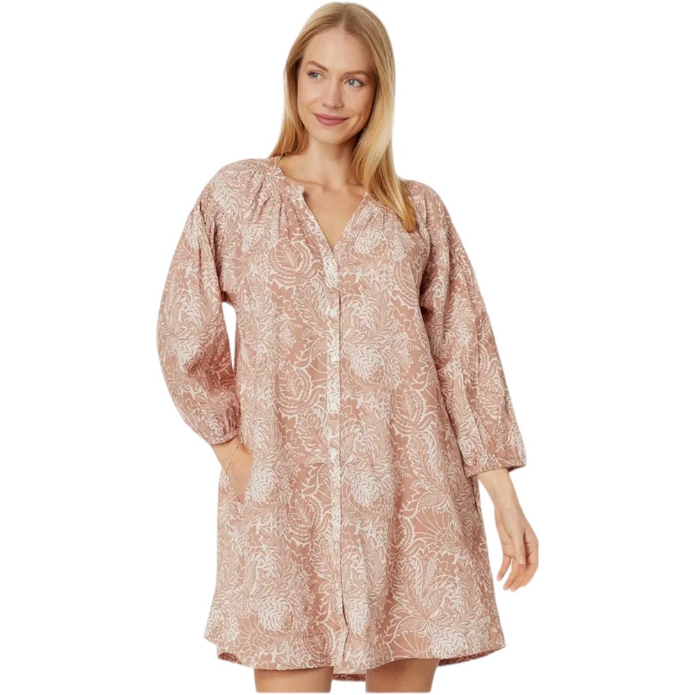 Lilla P Women's Medium Bracelet Sleeve Button-Down Floral Dress Tan Cream Taupe